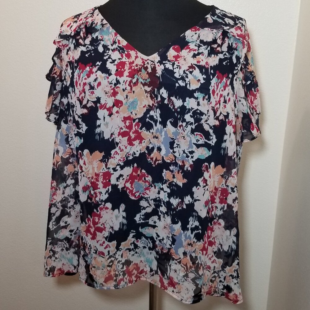 Lane Bryant Size 20 Flutter Sleeve V Neck Blouse Ruffle Floral Office Party Boho